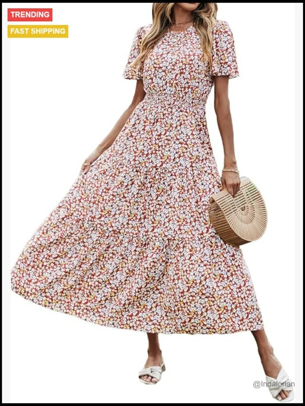 Polyester Elastane Flutter Sleeve Smocked Waist Tiered Maxi Dress